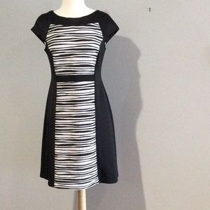 Connected Apparel Black and White Stripe Zipper Half Zip Back Sheath Dress Sz 12